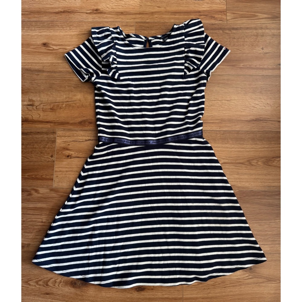 Tommy Hilfiger Girls Navy Blue White Striped Ruffle Dress Size L 12/14 Nautical